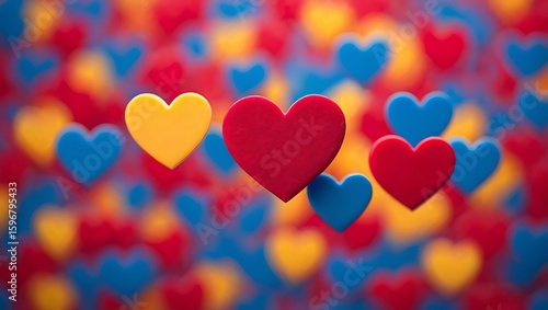 Floating Red, Yellow, and Blue Hearts Against a Blurry Background of Hearts, Perfect for Valentine's Day, Anniversaries, and Love-Themed Projects