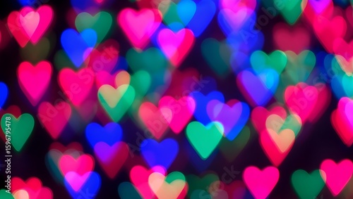 Colorful Heart Shaped Bokeh Lights Background for Valentine's Day and Romantic Occasions with Pink, Green, and Blue Lights Creates a Festive Atmosphere