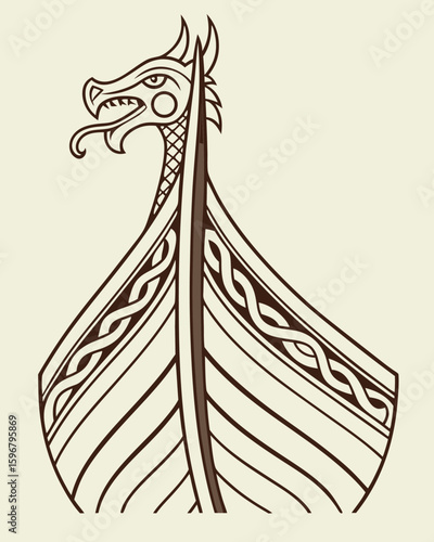 Viking Ship Dragon Head Illustration Brown and Cream