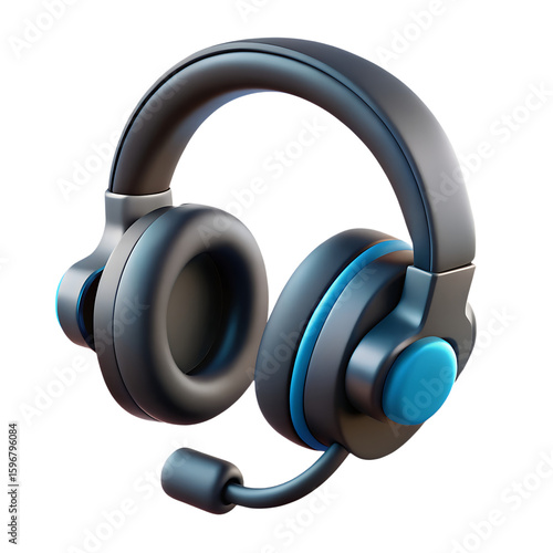 3d icon of a black and blue headset with microphone isolated on transparent background