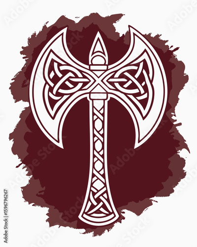 White Celtic Axe with Knotwork on Burgundy Splatter Background