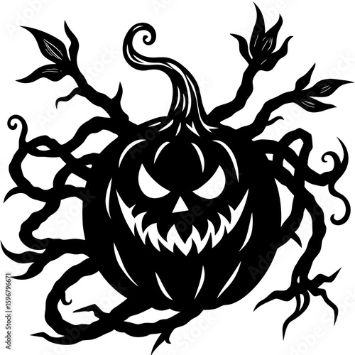 A scary jackolantern with twisting branches for a spooky halloween
