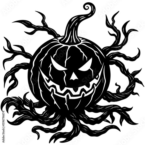 A creepy jackolantern with gnarled branches for a spooky halloween
