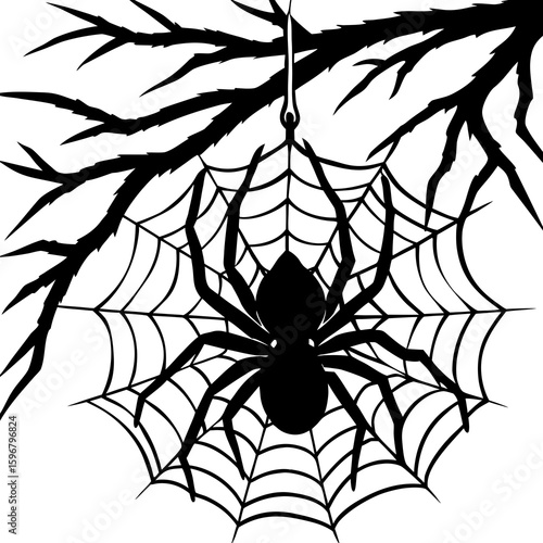 A spider is hanging from a web on a branch isolated on white background