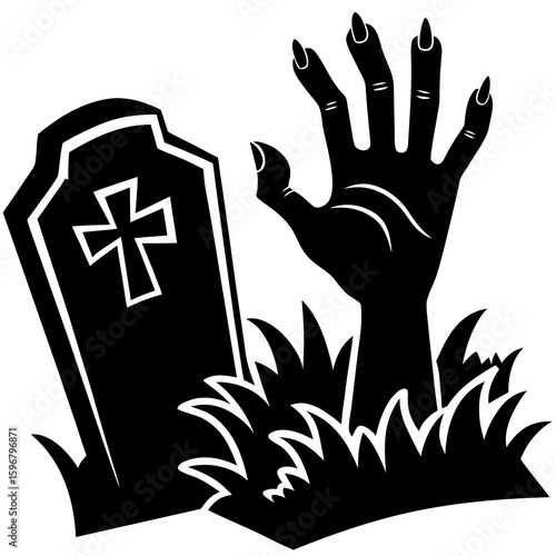 A zombie hand rises from the grave near a tombstone