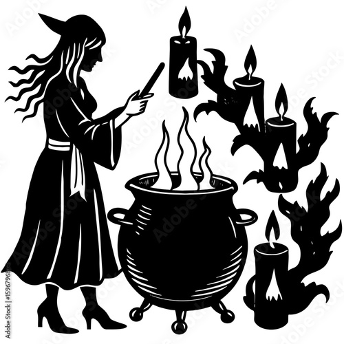A witch casts a spell over her cauldron surrounded by candles
