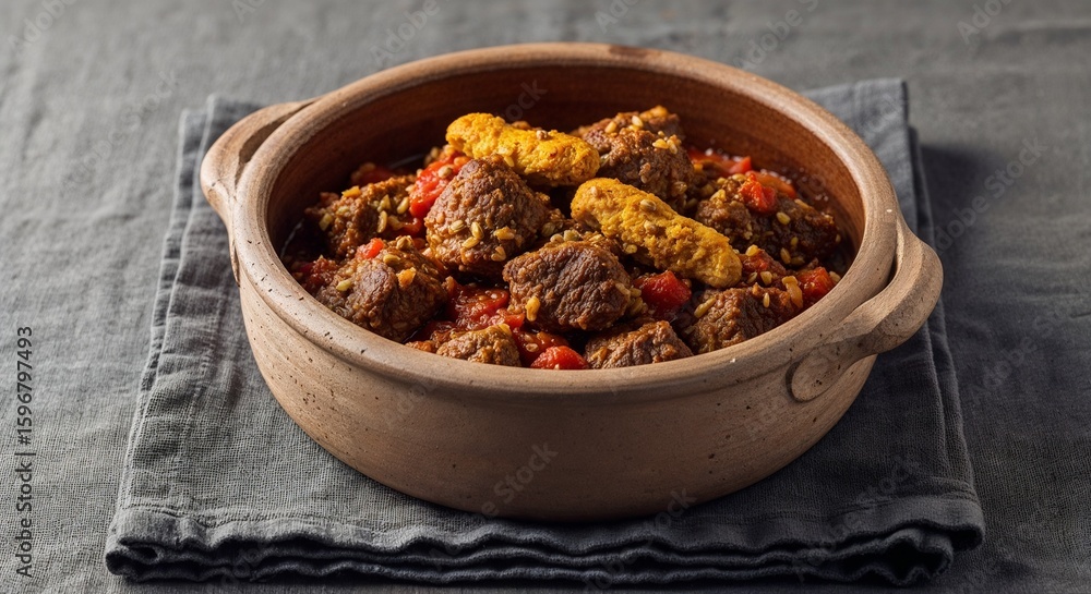 Casserole dish filled with beef and vegetables on grey linen background Casserole dish filled with beef and vegetables on grey linen background
