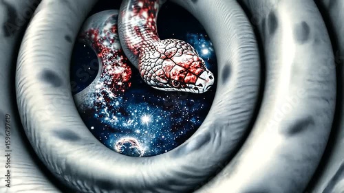 A mesmerizing snake coiled in a cosmic setting, surrounded by swirling galaxies and stars
