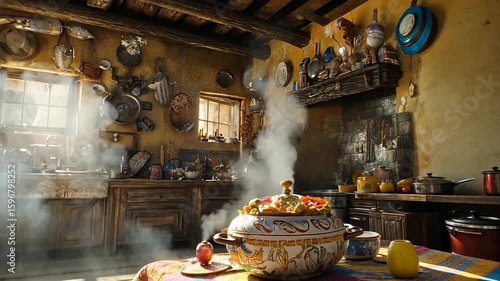 Traditional rustic kitchen with steaming pot on colorful tablecloth during daytime sunlight
