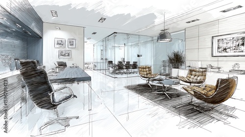 Interior design sketch of a modern office space.