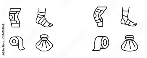 Various types of medical bandages and supports used for injury treatment and recovery during physical therapy