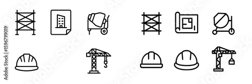 Construction icons representing tools, equipment, and plans used in building projects and architectural designs