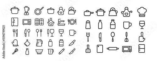 Collection of kitchen utensils and appliances outlined in a simple design for culinary activities and meal preparation