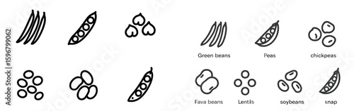 Variety of legumes and beans illustrated in simple, minimalist style showcasing green beans, peas, chickpeas, and more