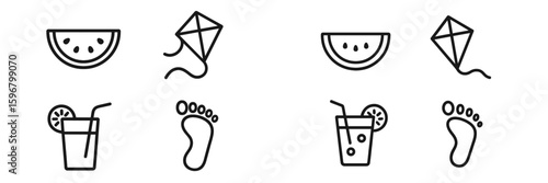 Fun summer icons featuring watermelon, kites, drinks, and footprints perfect for outdoor activities and gatherings