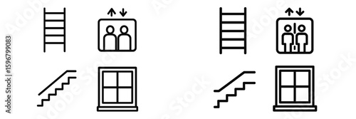 Simple icons representing different levels of movement including stairs, elevators, and windows
