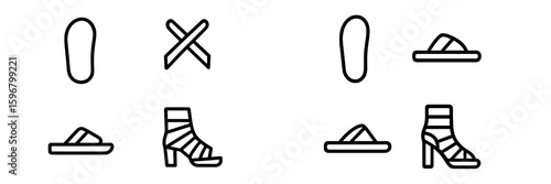 Different types of footwear including sandals and heels displayed side by side for comparison in a simplistic design