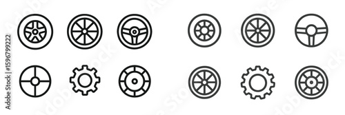 Various circular designs featuring wheels and gears in a minimalist style ideal for graphics or illustrations