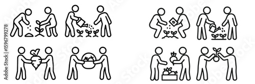 Community members engage in gardening activities promoting sustainable practices and cooperation