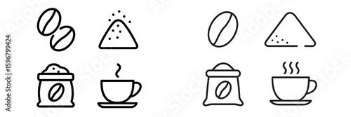 Coffee beans and grounds illustrated icons on white background for beverage design or menu