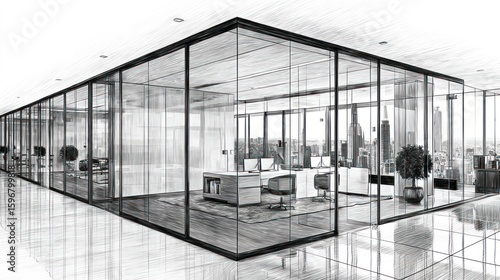 Detailed sketch of a modern office space with glass partitions.
