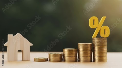 Financial concept with wooden house model gold coin stacks and percentage symbol illustrating property investment and growing interest