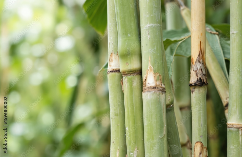 Obraz premium Six tall bamboo shoots arranged in rows, with green leaves providing natural backdrop to lighter brown stalks. Blurred background focuses on bamboo and leaves.
