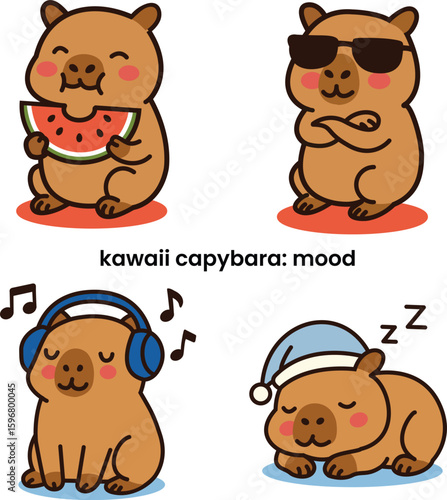 kawaii cute baby capybara eating watermelon, doing cool pose using sunglasses, listening to music, and sleeping with pajamas. clip art flat vector mood illustration suitable for kids.
