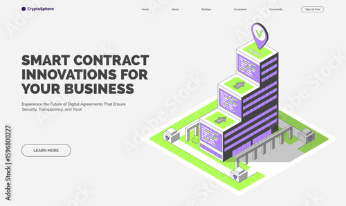 Cartoon Color Smart Contract Innovation for Business Crypto City Concept Banner 3d Isometric View Line Elements. Vector illustration