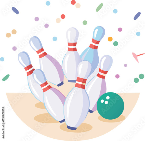 Colorful Bowling Pins Scattered After a Strike with a Green Bowling Ball