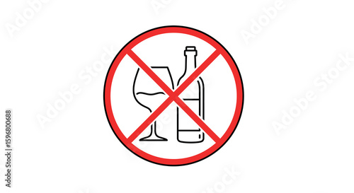 No alcohol symbol with red line across wine glass and bottle on white