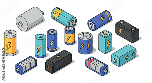Colorful isometric battery collection featuring various types and styles
