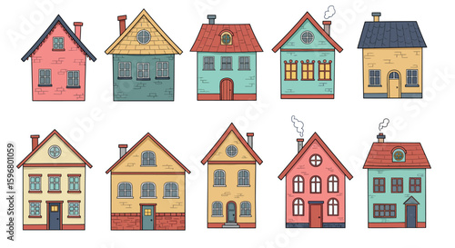 Charming cartoon houses collection with brick details and variety of roof styles
