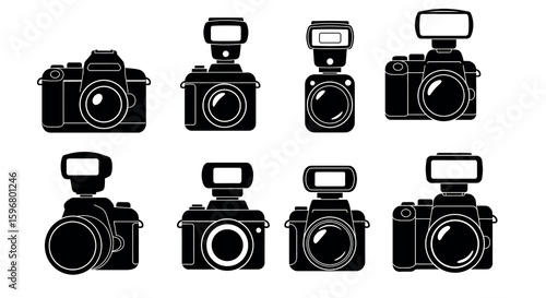 Silhouette cameras with flash icons collection