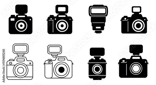 Camera icon set: black and white silhouettes of compact cameras and lenses