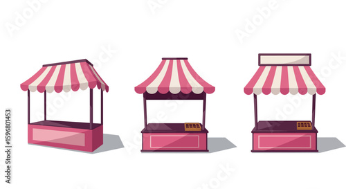 Charming pink market stalls with striped awnings on white background