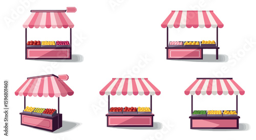 Charming market stalls with colorful produce and striped awnings