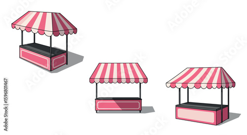 Colorful market stalls with striped awnings in flat design