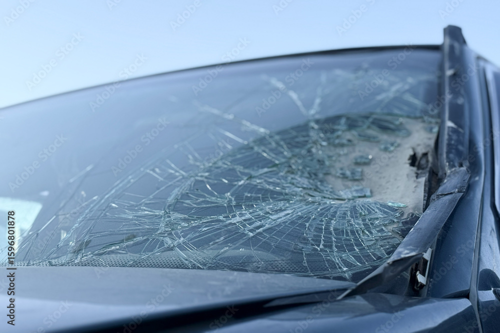 Obraz premium Car accident crash shuttered cracked broken damaged windshield at driver side. Dangerous, careless, unsafe, drunk, impaired driving, DUI, car crash fatal injury, insurance claim concept.