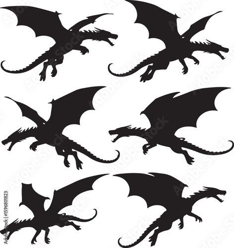 Black dragons in flight silhouette flying
