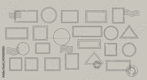 Vintage postage stamp frames in linear style with circular and rectangular designs
