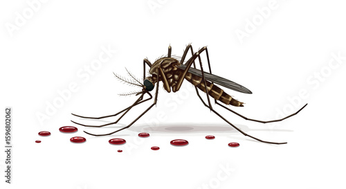 Realistic mosquito feeding on blood drops with shadow