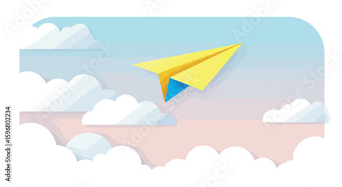 Colorful paper airplane gliding through a pastel sky with soft clouds