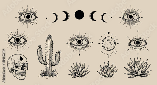 Mystical boho elements with eyes, moon phases, and desert plants