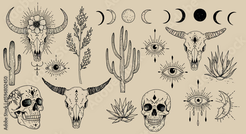 Boho southwestern line art with skulls, cacti, and celestial symbols