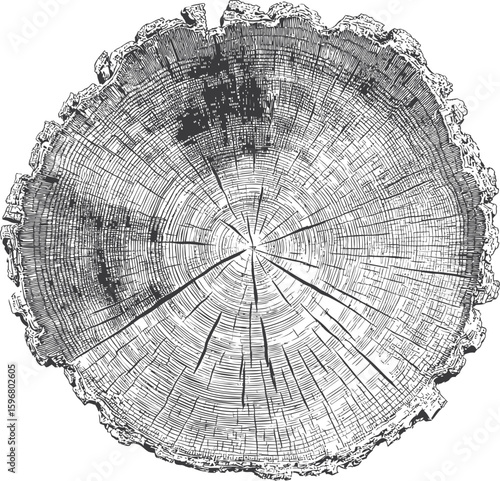 Detailed black and white cross section of a tree trunk with growth rings. Vector illustration