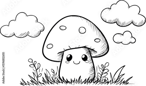 Cute cartoon mushroom with smiling face in a field under clouds. Vector illustration