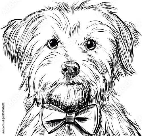 Sketch of a fluffy dog with a bow tie in black and white line art style. Vector illustration