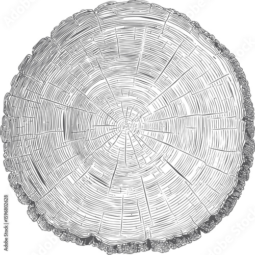 Cross section of tree trunk with detailed growth rings, black and white sketch. Vector illustration