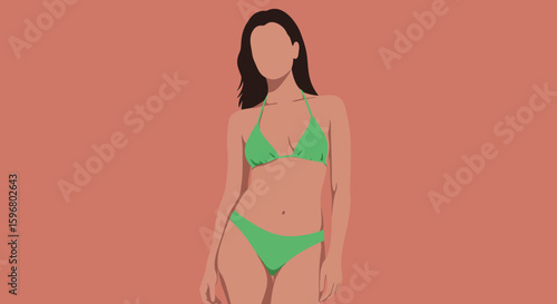 Minimalist beachwear fashion with green bikini on coral background